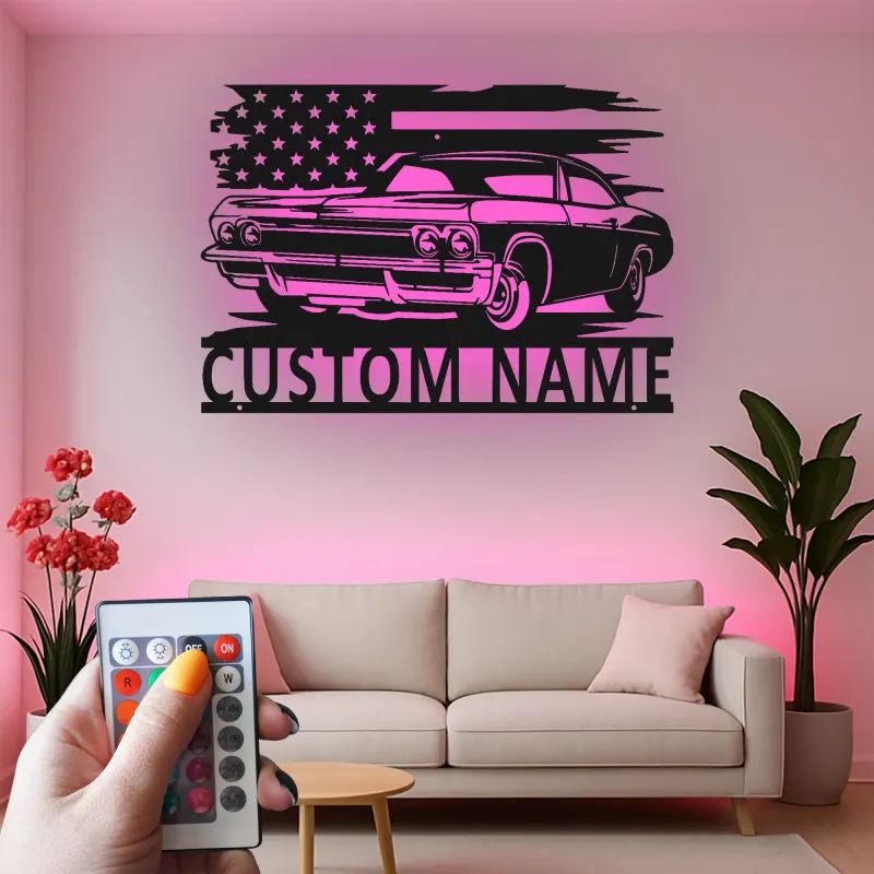 Décoration murale en métal personnalisée de voiture classique avec rétroéclairage LED - Cadeau pour passionnés de voitures - Décor de garage ou de man cave 1
