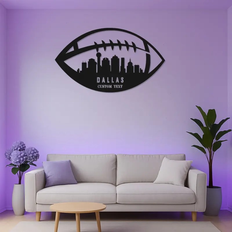 Plaque LED skyline football personnalisée | Décoration murale en métal de ville personnalisée | Décor salle de jeux et cadeau pour fan de sport | Lumière pour espace masculin