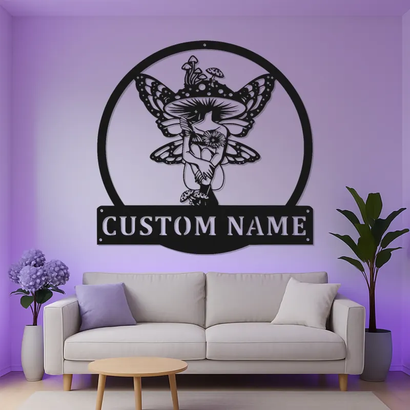 Cartel de nombre de hada personalizado | Arte mural de metal LED | Decoración de setas místicas para dormitorio | Regalo personalizado para amantes de hadas
