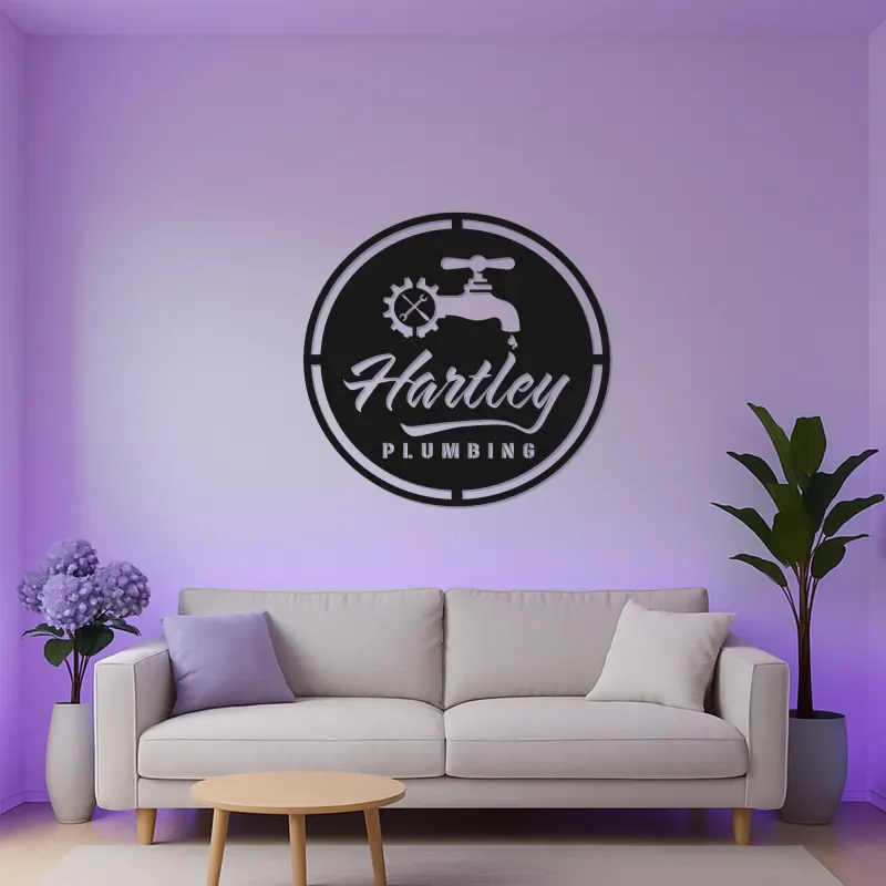 Insegna Logo Idraulico Personalizzata | Arte in Metallo LED per Laboratorio | Decorazione Industriale con Rubinetto e Ingranaggio | Regalo Personalizzato per Man Cave