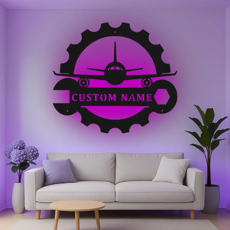 Personalisierte LED-Leuchte aus Metall mit Flugzeug und Zahnrad – Ein einzigartiges Geschenk für Piloten, ideal für Hangar oder Büro