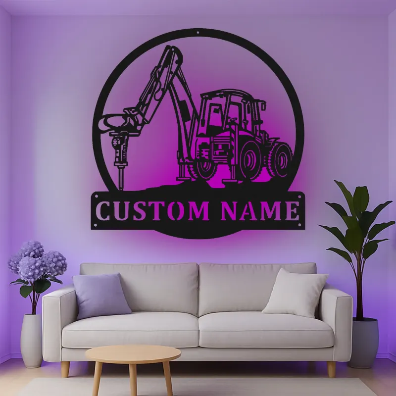 Custom Excavator Led Light Metal Wall Art Personalized Gift for Construction Enthusiast Garage or Office Decor 1