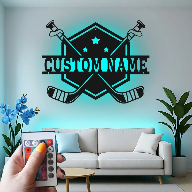 Insegna con nome per hockey personalizzata | Arte in metallo LED per parete | Regalo personalizzato per giocatore per sala giochi | Decorazione per bar sportivi e camere da letto