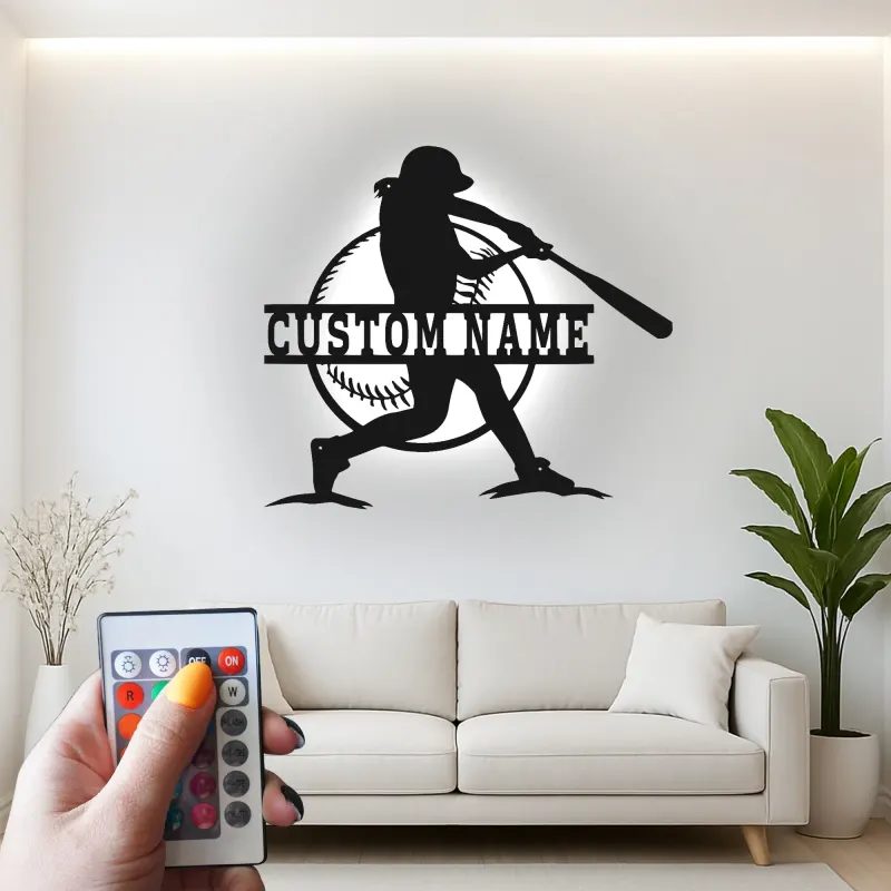 Insegna in metallo personalizzata per giocatore di softball con luce LED regalo per atleti decorazione per sala giochi sportiva 1