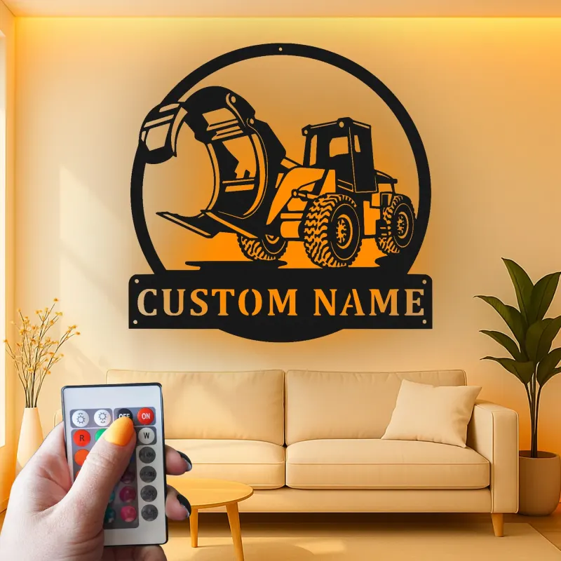 Cartel de metal con grapadora cargadora para tala | Decoración mural LED personalizada para leñador | Decoración para maquinaria pesada para sala de ocio