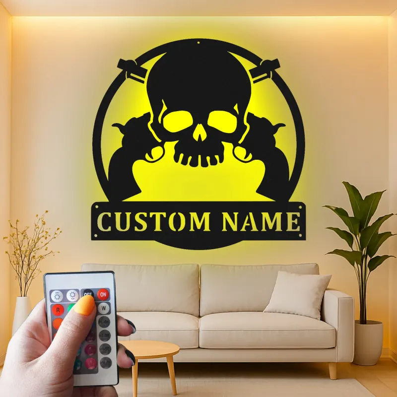 Personalized Skull & Revolvers LED Sign | Custom Metal Name Art for Man Cave | Western Gunslinger Wall Decor for Him
