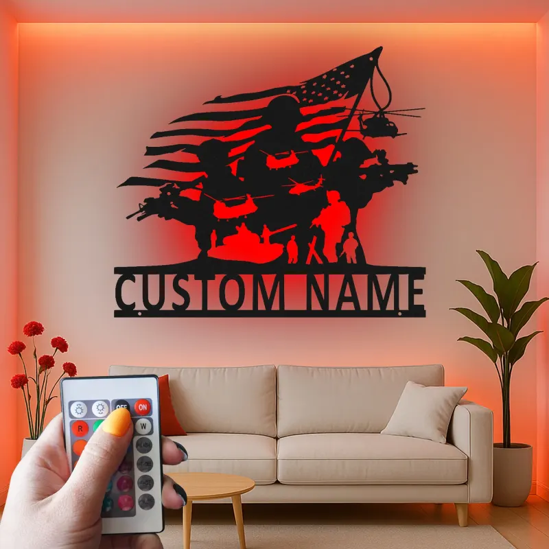Soldier Silhouette Metal Sign | Custom Military Wall Art with LED | Patriotic Decor for Veterans