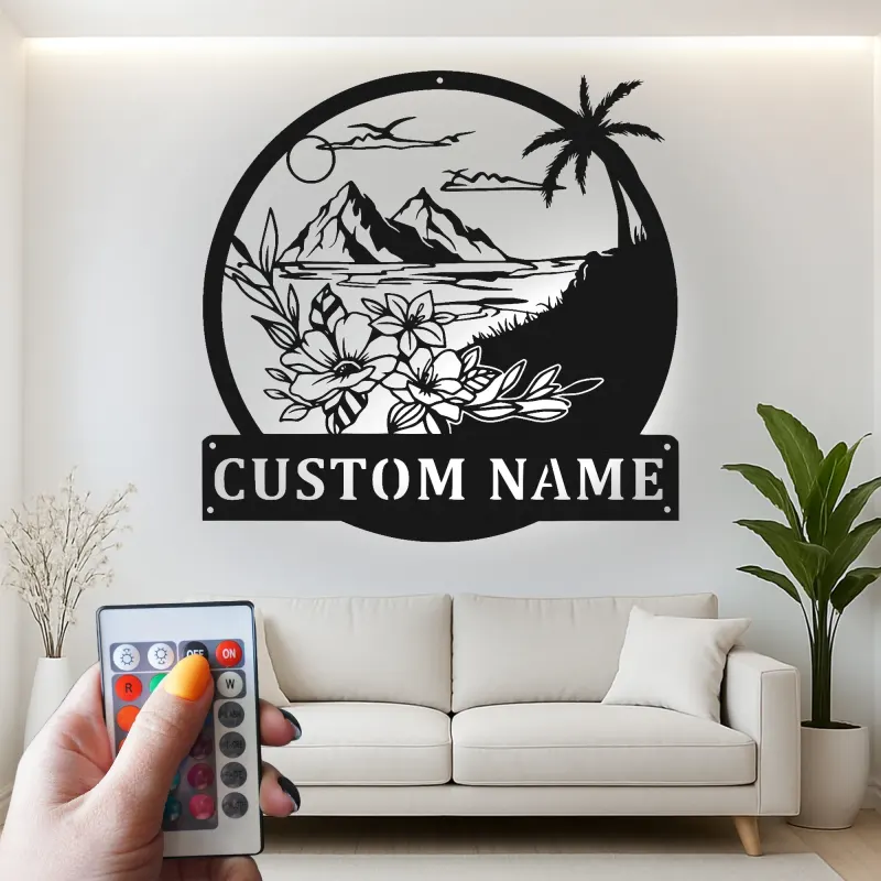 Décoration murale en métal personnalisée avec rétroéclairage LED Paysage Tropical - Cadeau pour Maison de Plage - Décor de Salon Côtier