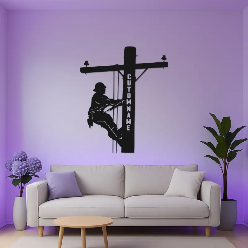 Décoration murale LED personnalisée pour lineman | Panneau métallique sur mesure pour électricien | Déco silhouette de poteau pour professionnel des services publics, bureau ou man cave