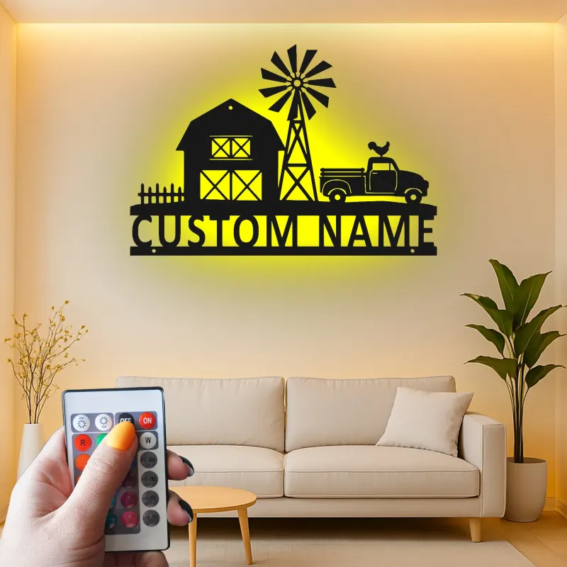 Custom Farmhouse LED Metal Sign | Personalized Barn & Windmill Wall Art | Rustic Family Name Decor for Country Home