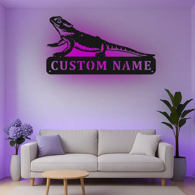 Insegna in metallo personalizzata con drago barbuto e luce LED regalo per amanti degli animali decorazione per stanza rettile
