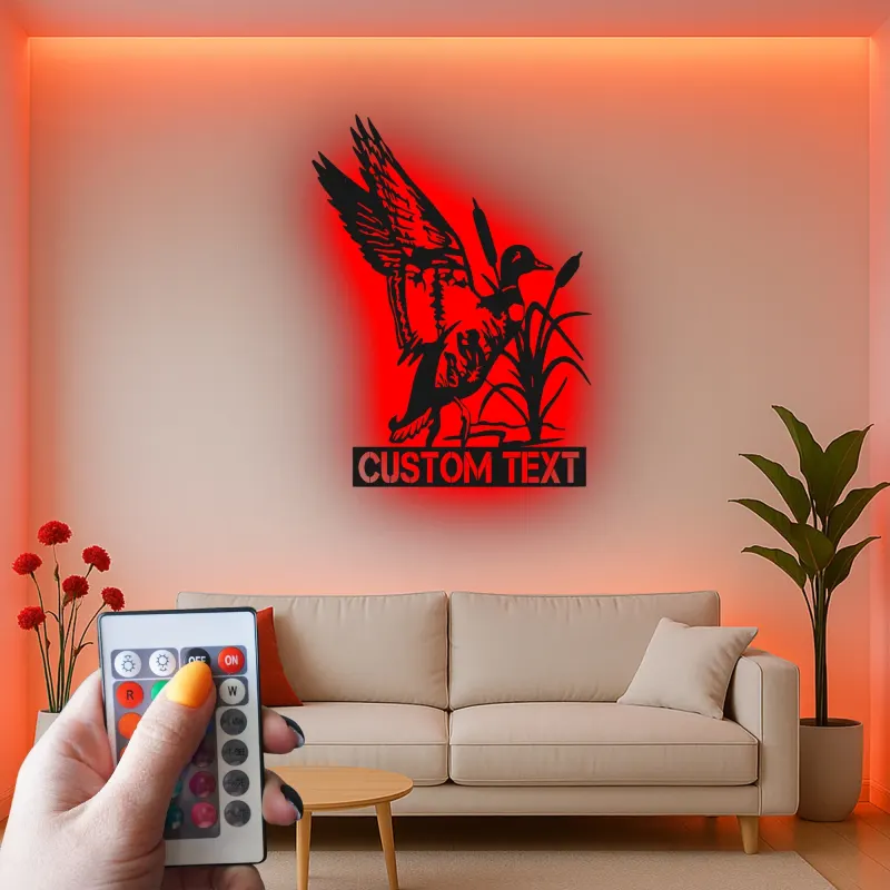 Cartel de metal personalizado con luz LED de caza de patos, regalo personalizado para entusiastas del aire libre, decoración de cabaña rústica