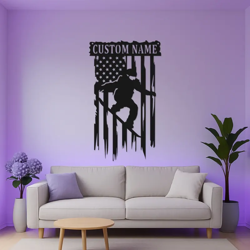 Insegna con nome personalizzata per snowboarder | Arte murale in metallo LED | Decorazione snowboard con bandiera americana | Regalo per camera di adolescente