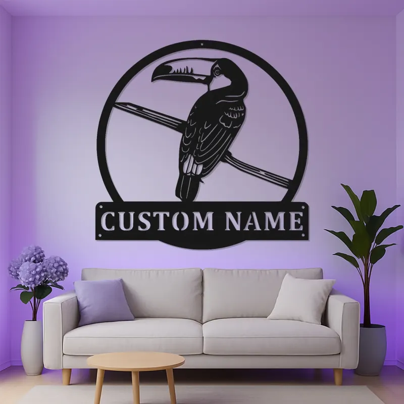 Cartel de metal personalizado de tucán | Arte mural LED con nombre | Decoración de vida salvaje exótica para hogar y negocio | Regalo personalizado para amantes de las aves