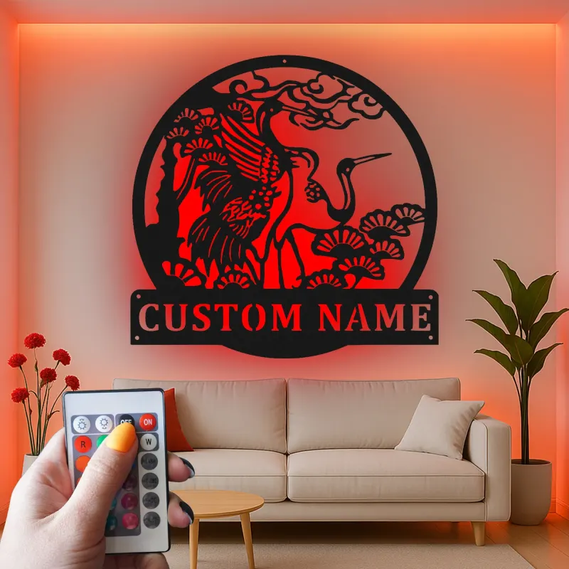 Custom Crane and Pine Led Light Metal Wall Art Personalized Nature Lover Gift Living Room or Garden Decor