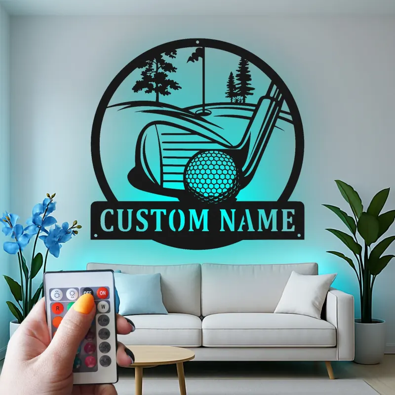 Cartel de golf personalizado con luces LED | Decoración mural de metal a medida | Decoración con nombre de golfista para sala de juegos y bar en casa