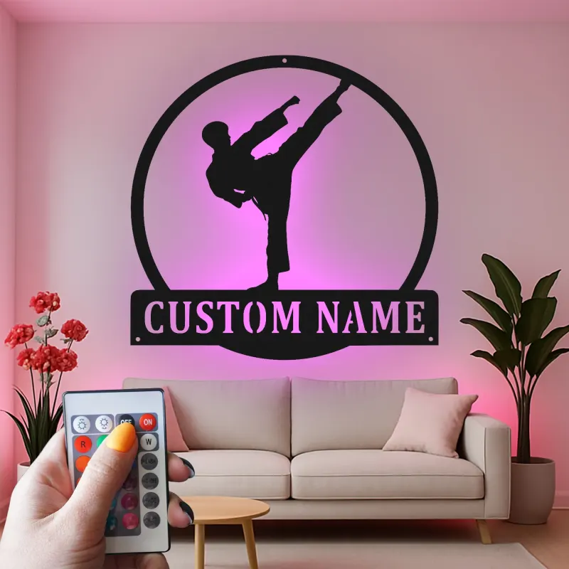 Insegna LED Karate Personalizzata | Arte Murale in Metallo per Arti Marziali | Decorazione Dojo e Regalo per Combattente