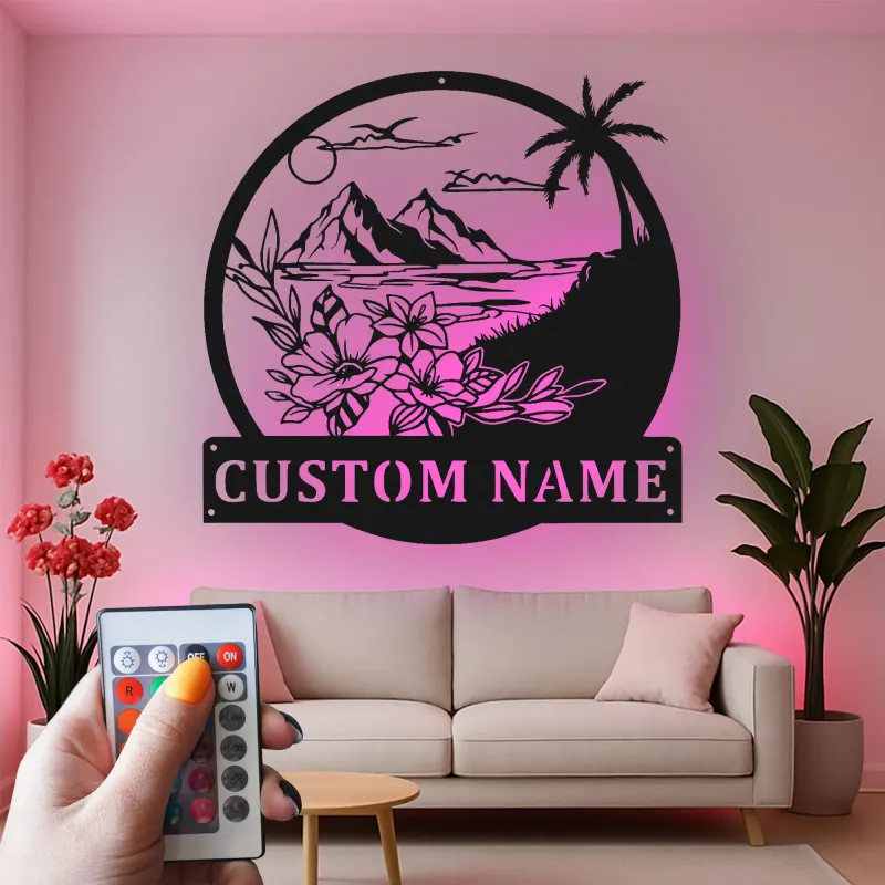 Décoration murale en métal personnalisée avec rétroéclairage LED Paysage Tropical - Cadeau pour Maison de Plage - Décor de Salon Côtier