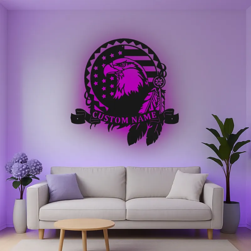 Custom Eagle American Flag Led Light Metal Wall Art Patriotic Gift for Veterans Office or Living Room Decor