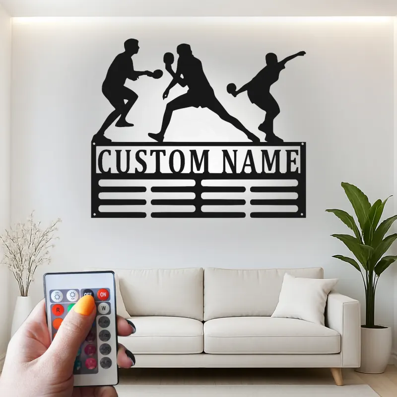 Supporto per medaglie da tennis da tavolo personalizzato | Arte murale in metallo LED Ping Pong | Insegna di esposizione personalizzata | Decorazione per sala giochi e regalo per giocatori