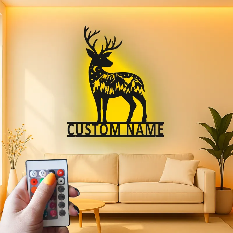 Insegna in metallo personalizzata con silhouette di cervo e luce LED regalo per amanti della natura decorazione per chalet o lodge
