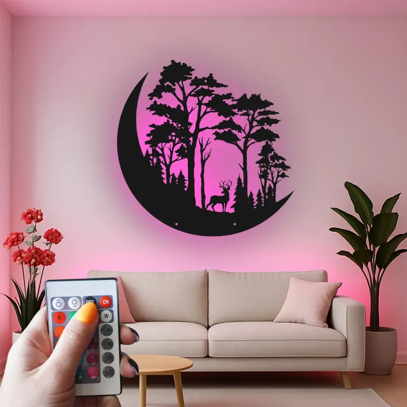 Décoration murale en métal LED avec scène de forêt de cerfs - Cadeau pour amoureux de la nature, décoration rustique pour salon ou chalet