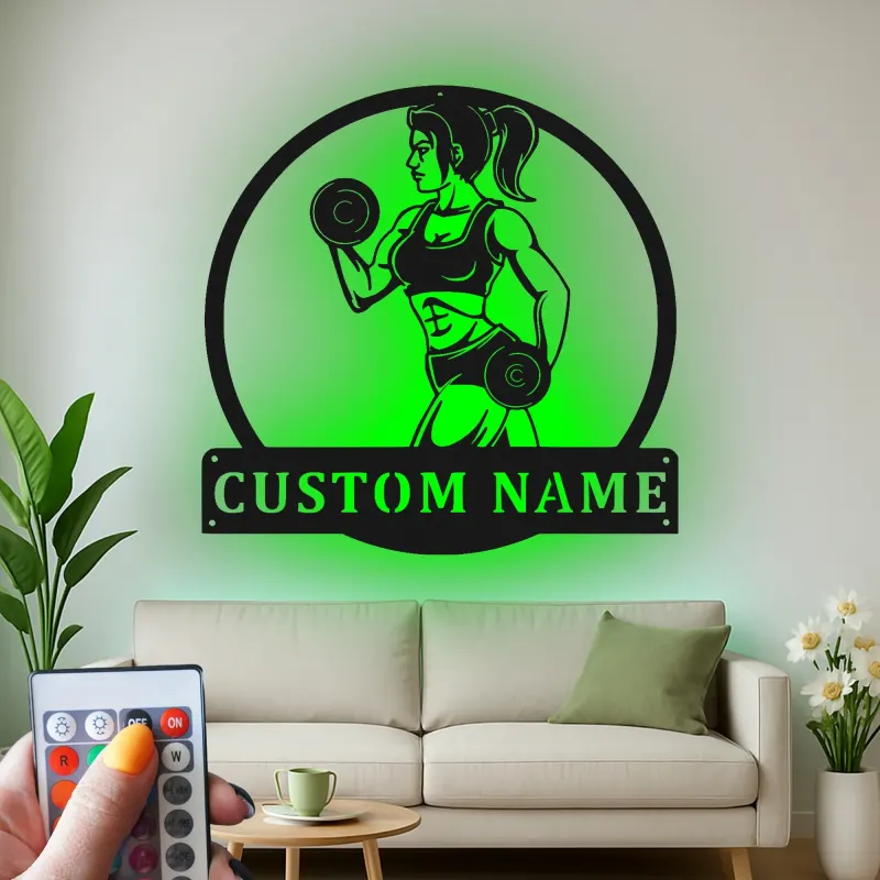 Cartel LED personalizado de chica fitness | Arte de metal con nombre personalizado para gimnasio en casa | Decoración de sala de entrenamiento | Regalo motivacional para ella
