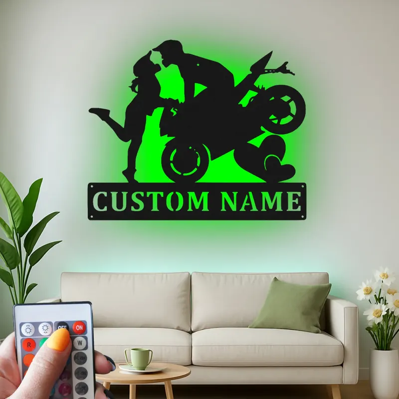 Panneau en métal moto personnalisé | Art LED pour couples de motards | Décoration murale romantique pour chambre et garage