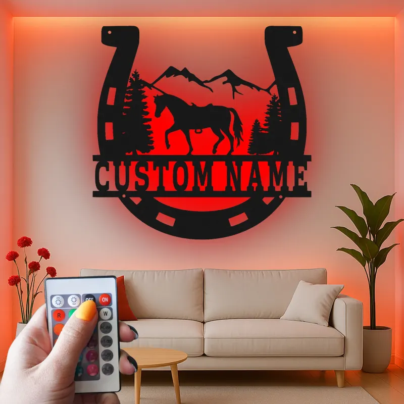 Insegna per Cavalli Personalizzata con LED | Insegna in Metallo a Forma di Ferradura | Decorazione Rustica per Ranch e Regalo Equestre
