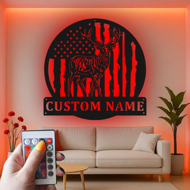 Décoration murale en métal personnalisée avec cerf et drapeau américain, éclairage LED, cadeau personnalisé pour chasseurs, décoration de cabane rustique 4