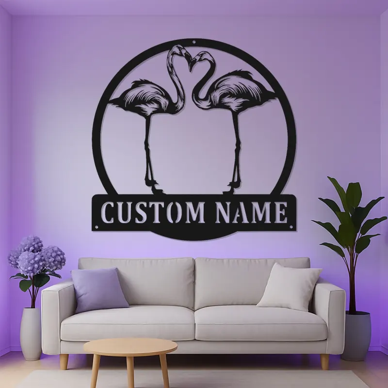 Panneau en métal Flamant Rose personnalisé | Art mural de nom sur mesure | Décor de patio et de piscine tropical | Art d'oiseau extérieur