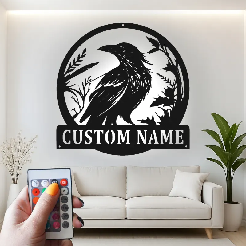 LED Raven Metal Wall Art | Personalized Bird Lover Gift | Custom Name Sign for Garden | Outdoor Nature Decor