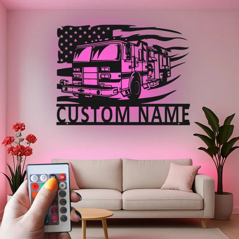 Insegna in Metallo Personalizzata per Vigile del Fuoco | Arte Murale LED Camion dei Pompieri | Regalo Personalizzato per Pompiere | Decorazione Patriottica per Stazione dei Pompieri