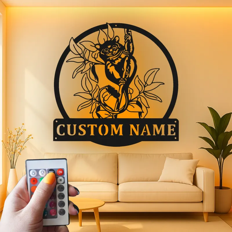 Insegna Nome Lemure Personalizzata | Arte in Metallo LED per Nursery a Tema Giungla | Decorazione Faunistica Personalizzata | Luce per Stanza Bambini Boho