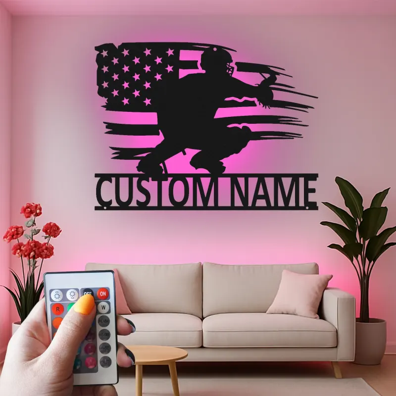 Custom Baseball Catcher Led Light Metal Wall Art Personalized Gift for Baseball Fans Game Room Sports Decor