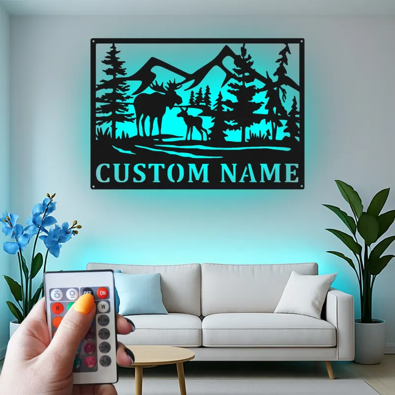 Letrero de metal personalizado con alce | Arte mural LED personalizado de fauna salvaje | Decoración rústica para cabaña y letrero con nombre para refugio