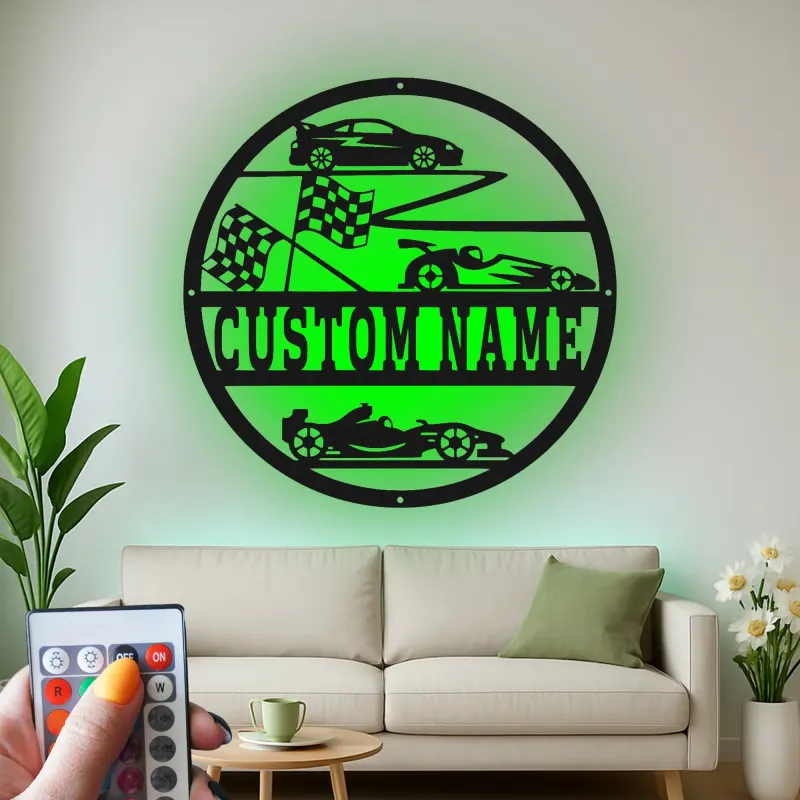 Panneau Métal de Voiture de Course Personnalisé | Art Murale LED avec Nom pour Garage | Décor de Formule 1 & Voiture de Sport | Cadeau pour Pilote
