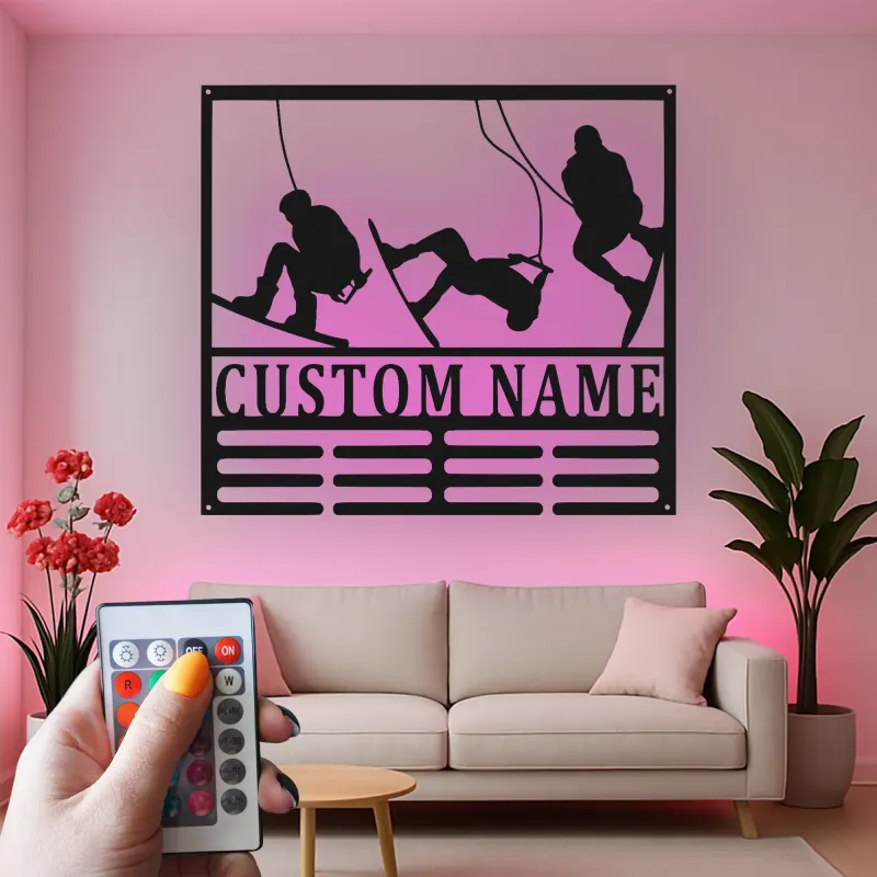 Décoration murale en métal personnalisée Aventure de ski avec rétroéclairage LED Cadeau personnalisé pour les passionnés de ski Décor de salle de jeux