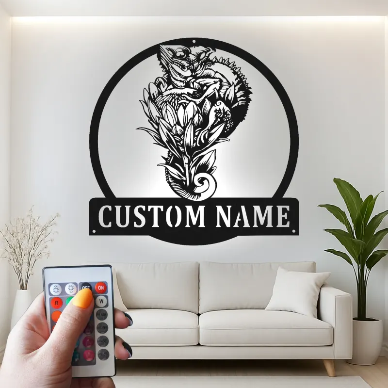 Personalisierte LED-Metall-Wandkunst mit Chamäleon und Blumen – einzigartiges Geschenk für Naturliebhaber, Wohn- oder Gartendeko
