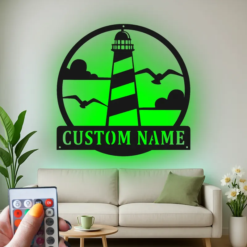 Panneau LED en métal de phare | Décor mural nautique | Cadeau de maison de plage personnalisé | Lumière de silhouette côtière