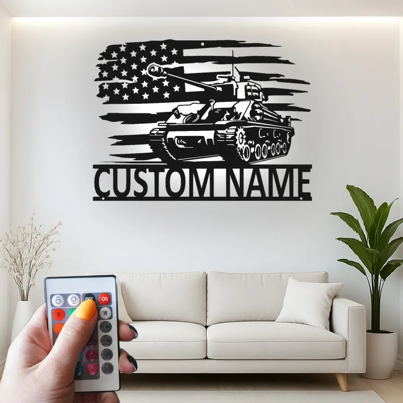 Personalized Tank Metal Art | LED American Flag Sign | Custom Military Decor for Veteran | Man Cave Wall Art