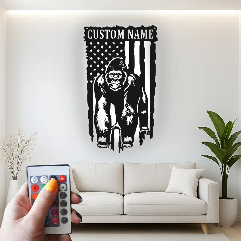 Panneau en métal personnalisé gorille | Décoration murale LED drapeau américain | Déco personnalisée pour man cave | Cadeau pour amoureux de la faune