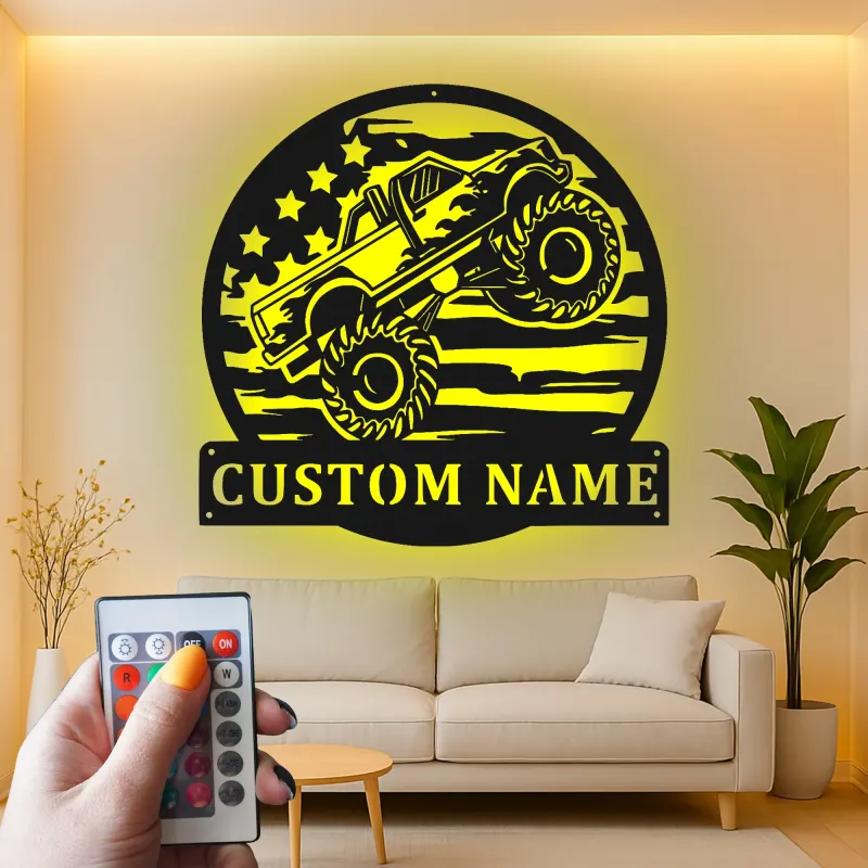 Panneau LED Personnalisé Monster Truck | Décoration Murale en Métal pour Garage ou Chambre de Garçon | Cadeau Décor Off-Road pour Lui