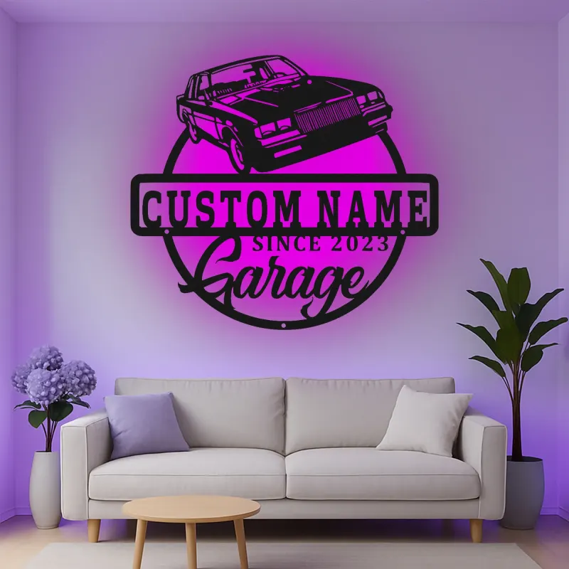 Insegna in metallo personalizzata con luce LED per auto classiche - Regalo per appassionati di auto, decorazione per garage