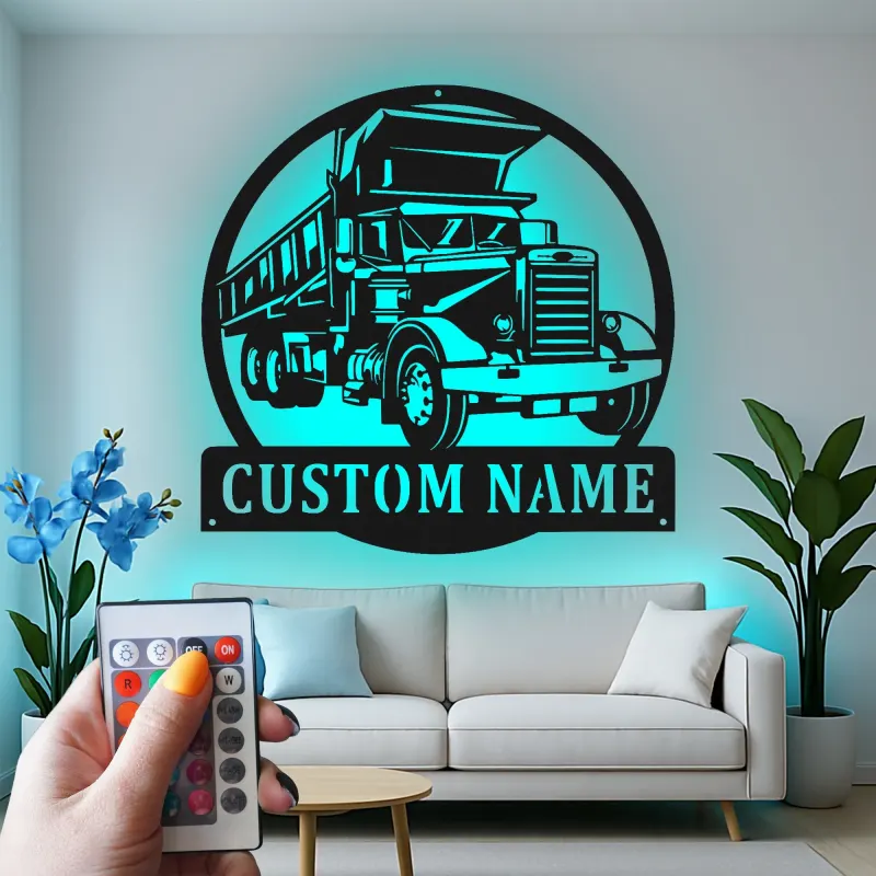 Custom Dump Truck Led Light Metal Wall Art Personalized Gift for Truck Enthusiast Garage or Man Cave Decor 1