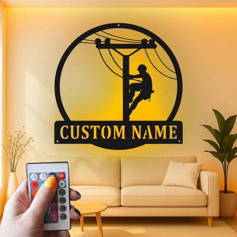 Panneau LED en métal pour lineman | Cadeau personnalisé pour électricien | Décoration murale avec nom sur mesure pour man cave | Déco pour professionnel des services publics