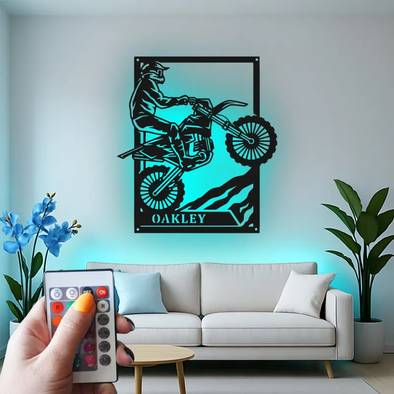 Décoration murale en métal personnalisée pour motocross avec rétroéclairage LED - Cadeau pour lui, décoration de garage ou de man cave