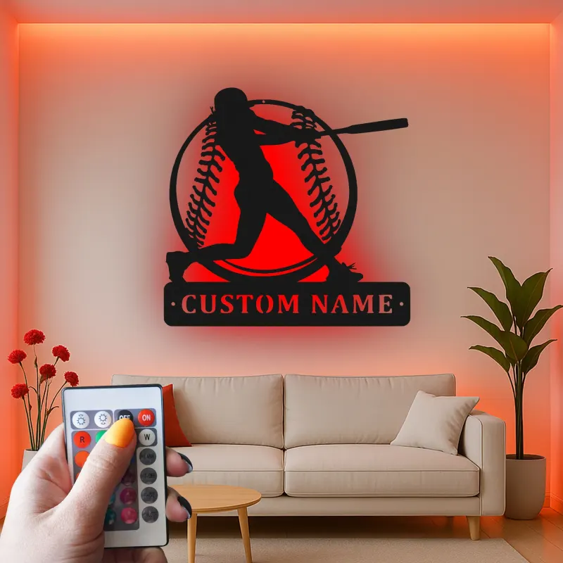 Insegna in metallo personalizzata con luce LED per giocatore di baseball - Regalo personalizzato per appassionati di sport e decorazione per sala giochi o camera da letto