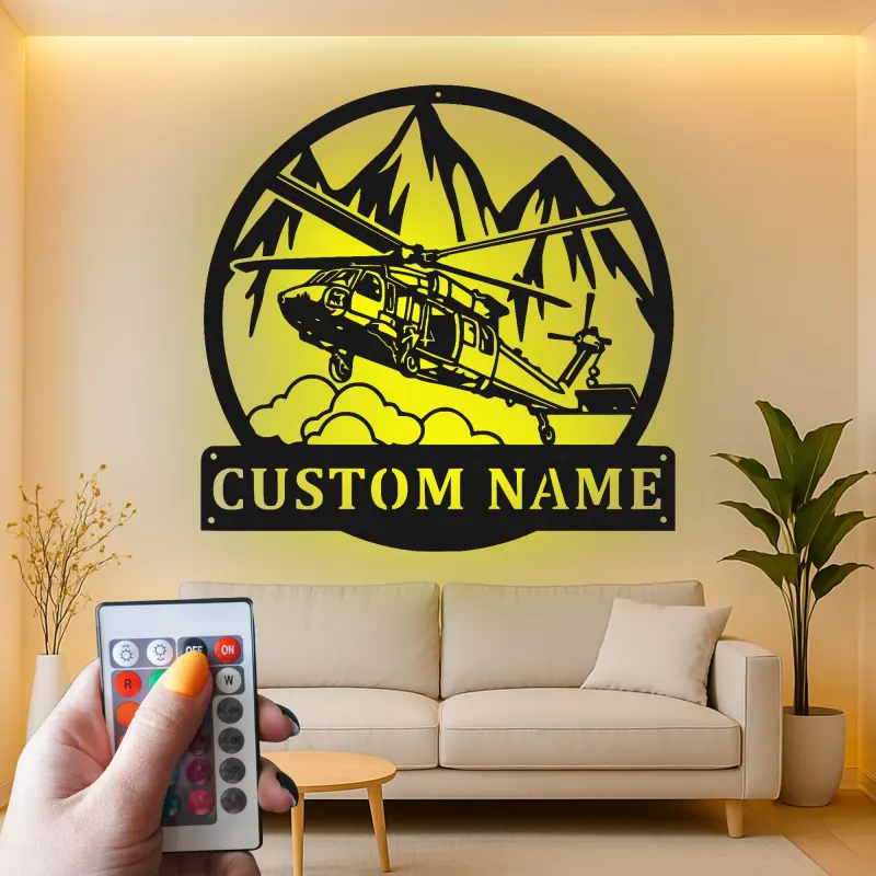Cadeau pour pilote d’hélicoptère | Décoration murale en métal LED sur mesure | Décor aviation personnalisé pour repaire d’homme et bureau