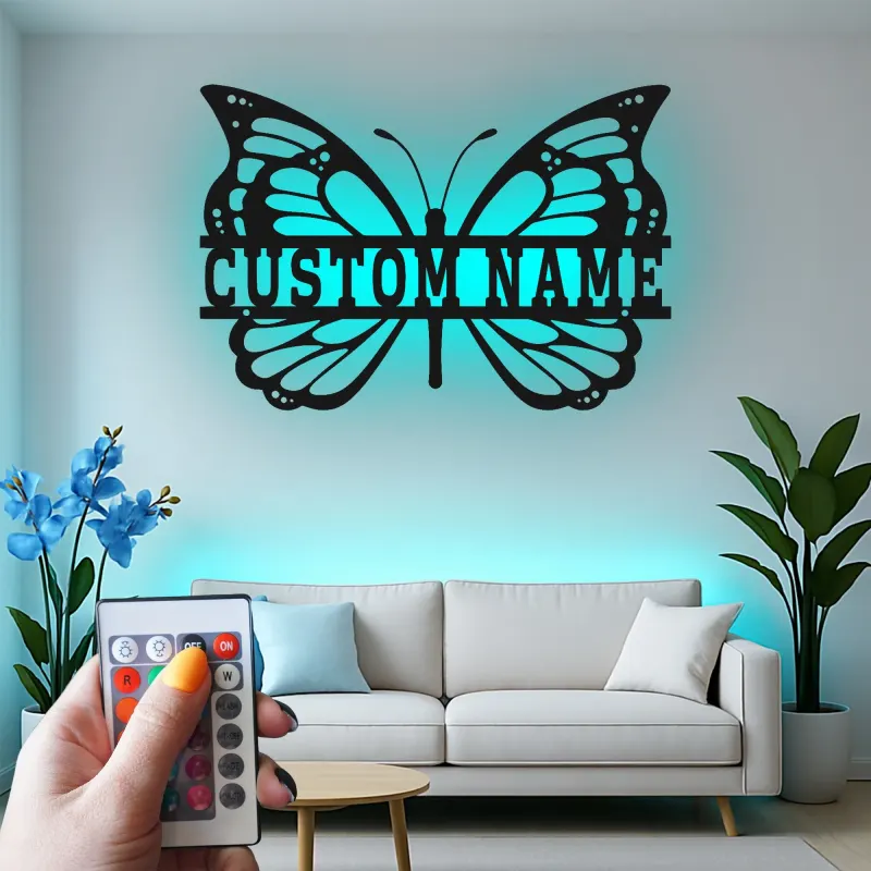 Décoration murale en métal LED personnalisée en forme de papillon - Cadeau pour elle pour la chambre ou le salon